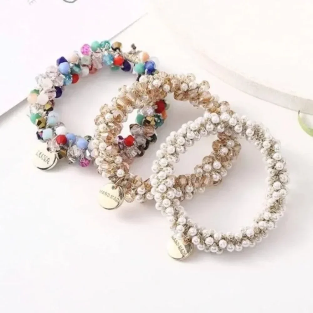 3 Pack Crystal Hair Ties White Elastic Hair Scrunchies Pearl Hair Ropes Bead